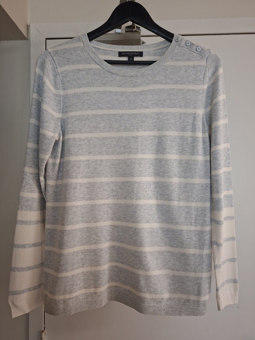 Banana Republic Gray & White Striped Crewneck Sweater with Shoulder Buttons